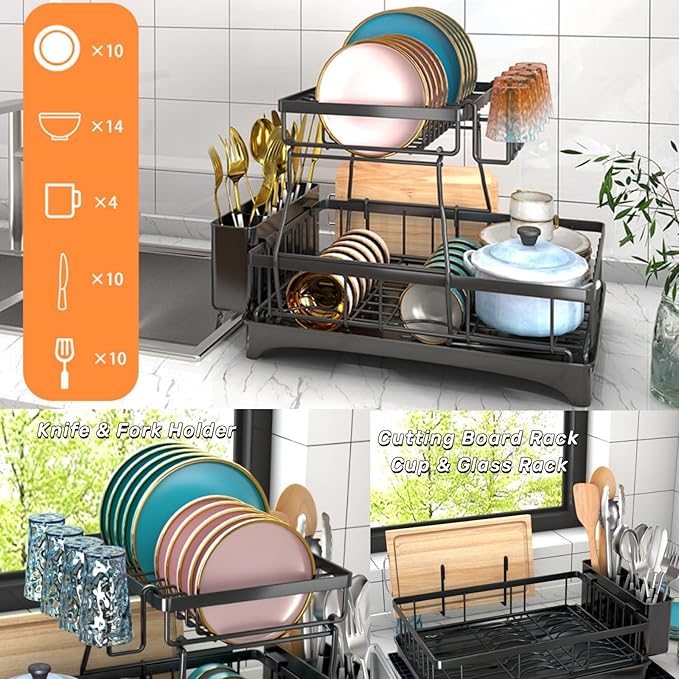 Escurridor Rack De Platos Negro 2 Nivele - Eleganz Store